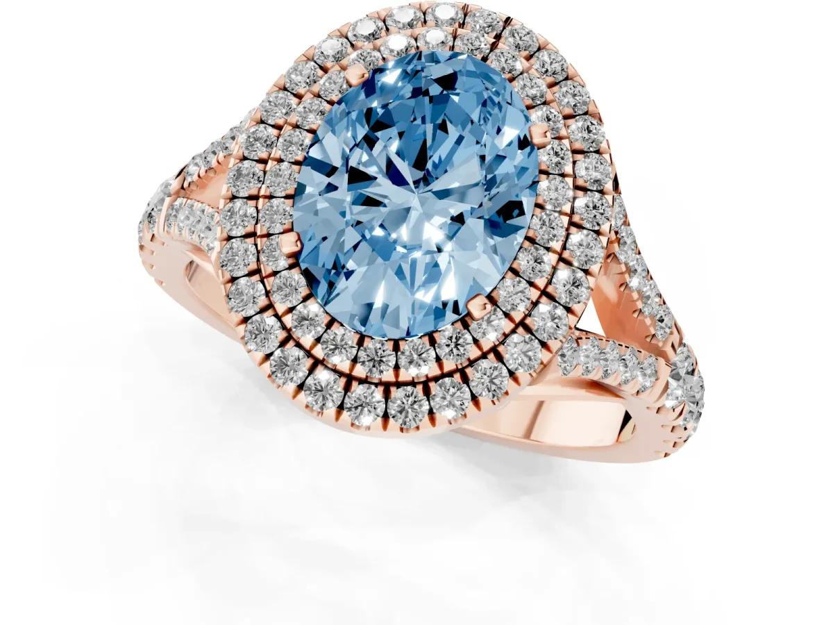 Fancy Blue Double Halo Oval Cut Diamond Split Shank Engagement Ring with Four-Prong Setting Rose gold