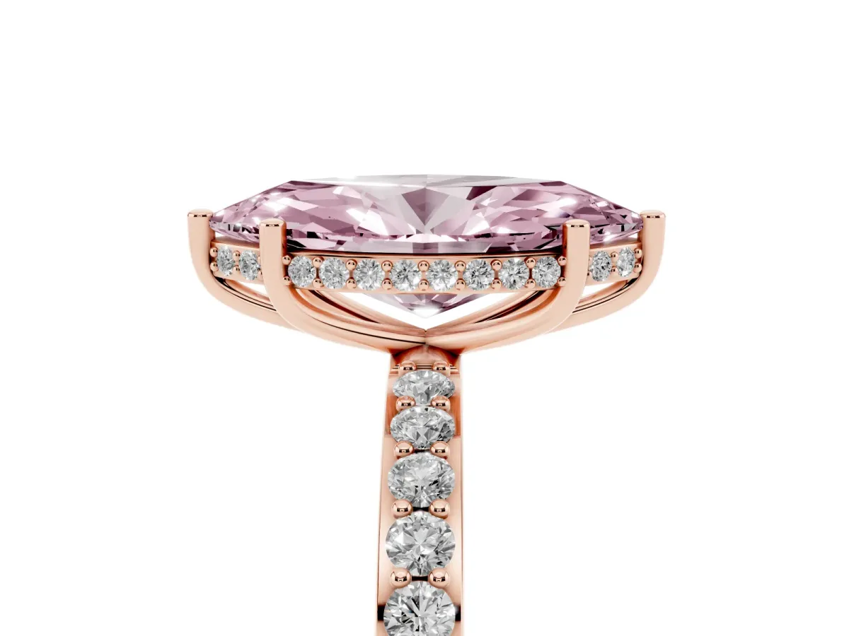 Fancy Pink Marquise Cut Diamond Solitaire Ring with Pavé Band and Hidden Halo Rose gold