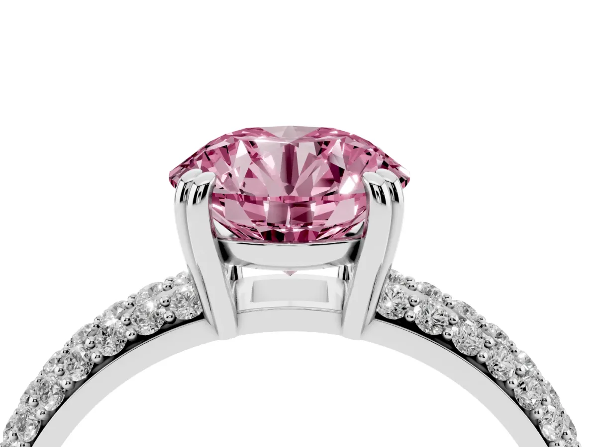 Fancy Pink Round Cut Diamond Solitaire Ring with Multi-Row Round Pavé Band and Prong Setting Silver