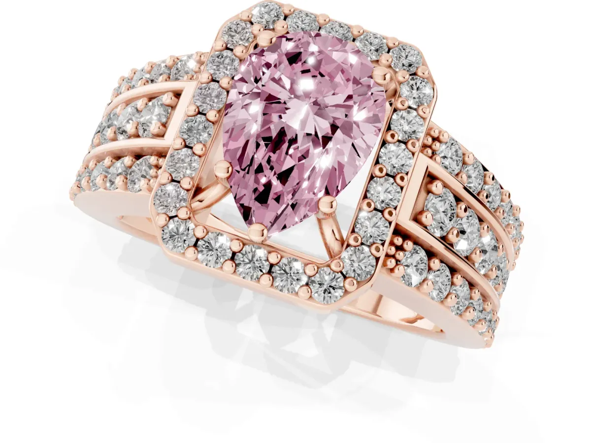 Fancy Pink Pear Cut Halo Diamond Ring with Round Split Shank and Prong Setting Rose gold