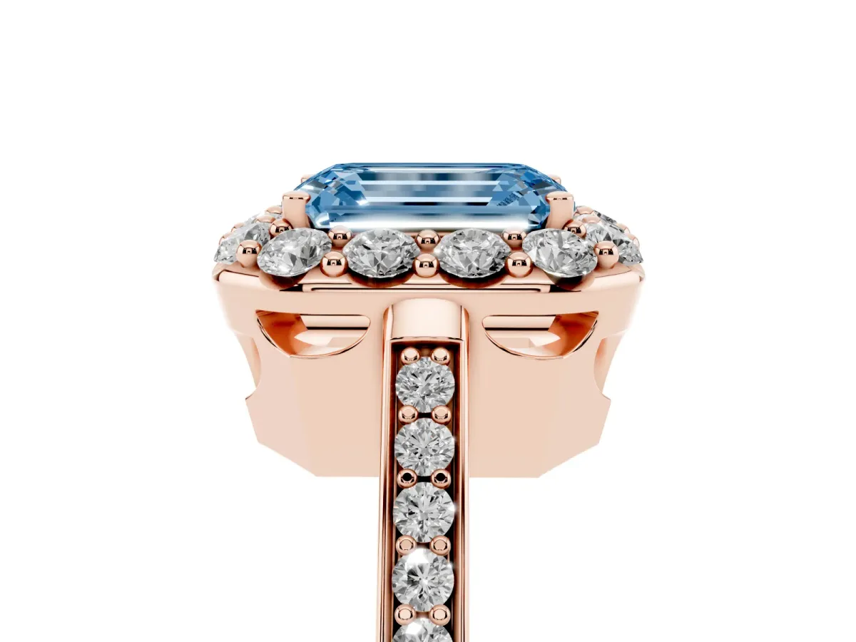 Fancy Blue Emerald Cut Diamond Floral Halo Ring with Pavé Band and Prong Setting Rose gold