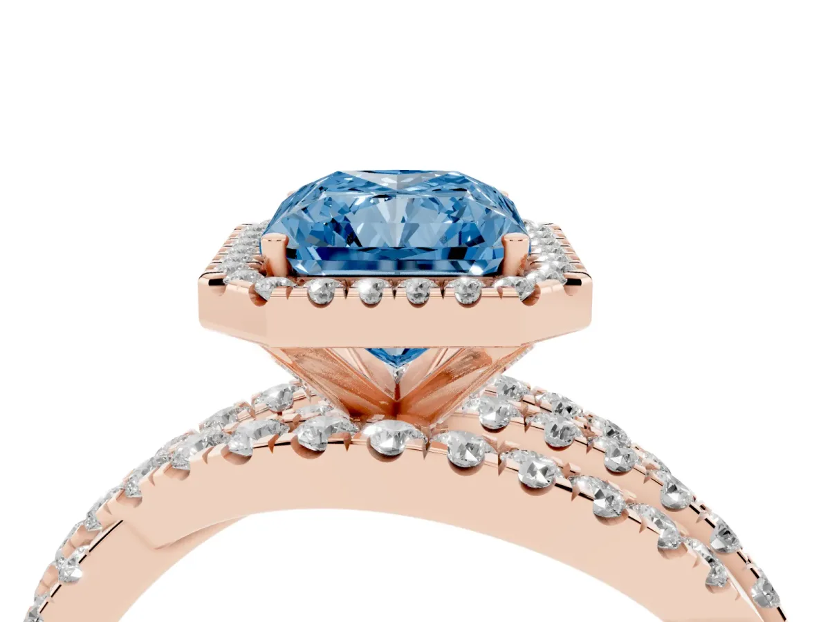 Fancy Blue Radiant Cut Diamond Halo Ring with Round Split Shank and Prong Setting Rose gold