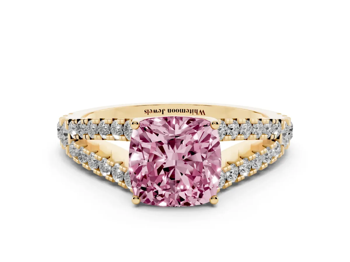 Fancy Pink Cushion Cut Diamond Split Shank Engagement Ring with Round Pavé and Prong Setting Yellow gold