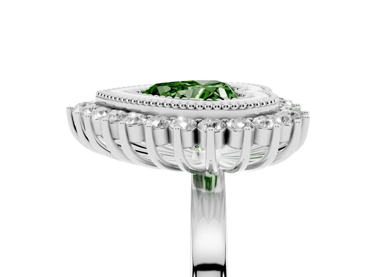 Fancy Green Heart Cut Halo Diamond Ring with Milgrain Edge and Round Prong Setting Silver