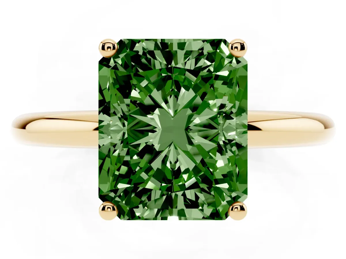 Fancy Green Radiant Cut Cut Solitaire Engagement Ring with Four-Prong Setting and Classic Band Yellow gold