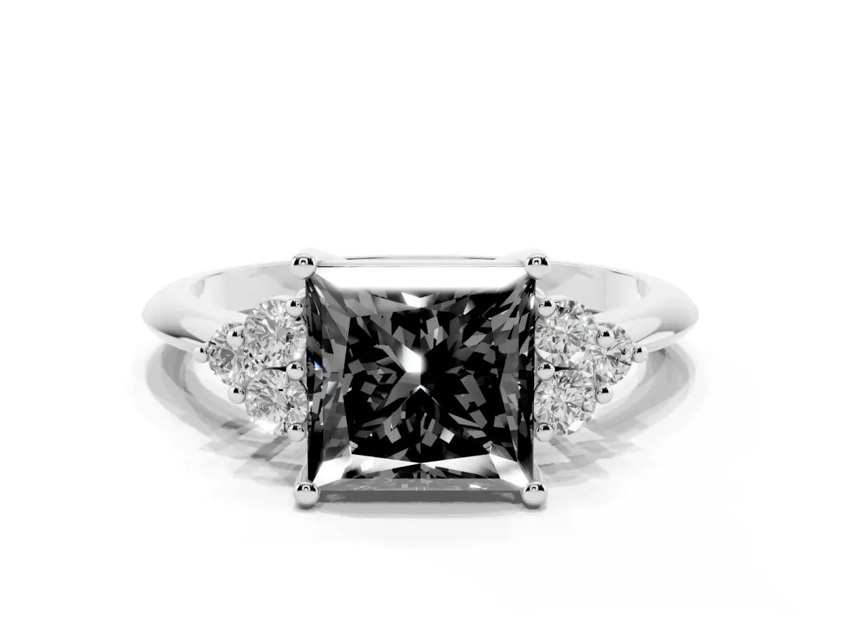Fancy Black Princess Cut Cut Diamond Cluster Ring with Solitaire Band and Four-Prong Setting Silver
