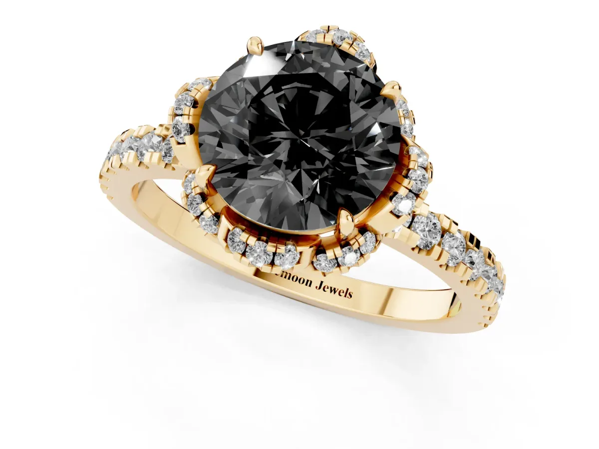 Fancy Black Round Cut Diamond Halo Pave Band with Four-Prong Setting Yellow gold