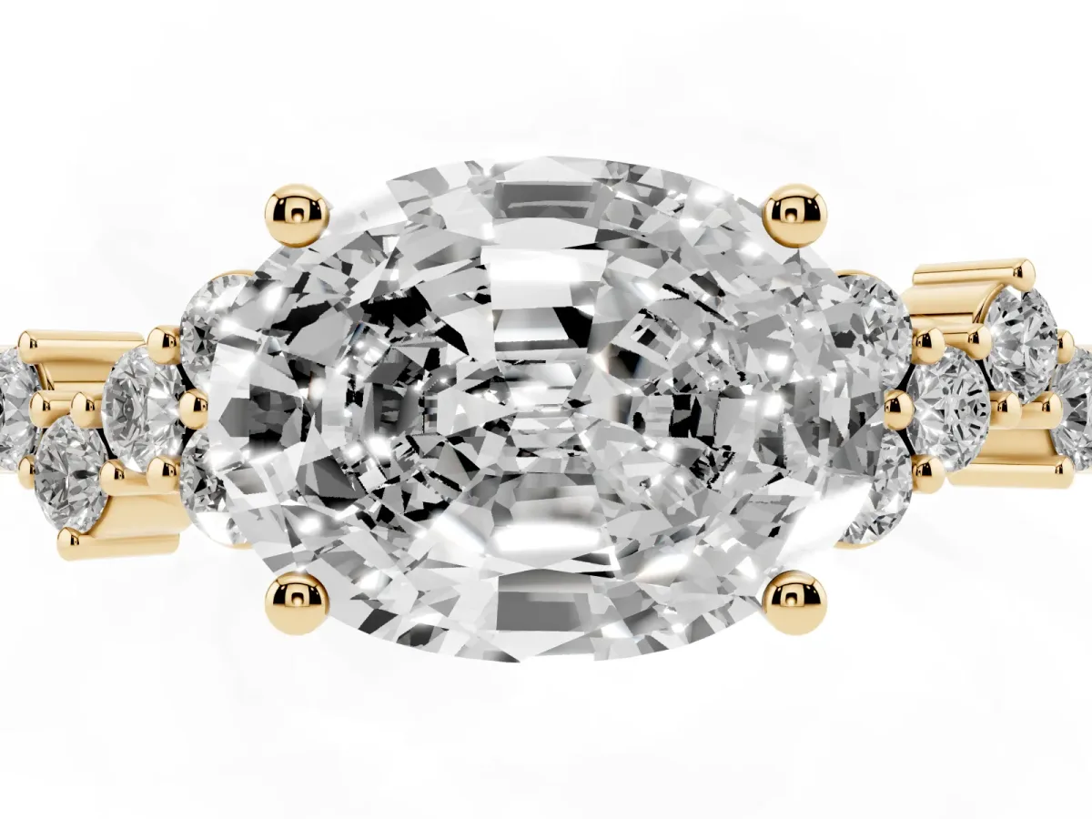 Oval Cut Diamond Scattered Round Accent Ring with Prong Setting Yellow gold