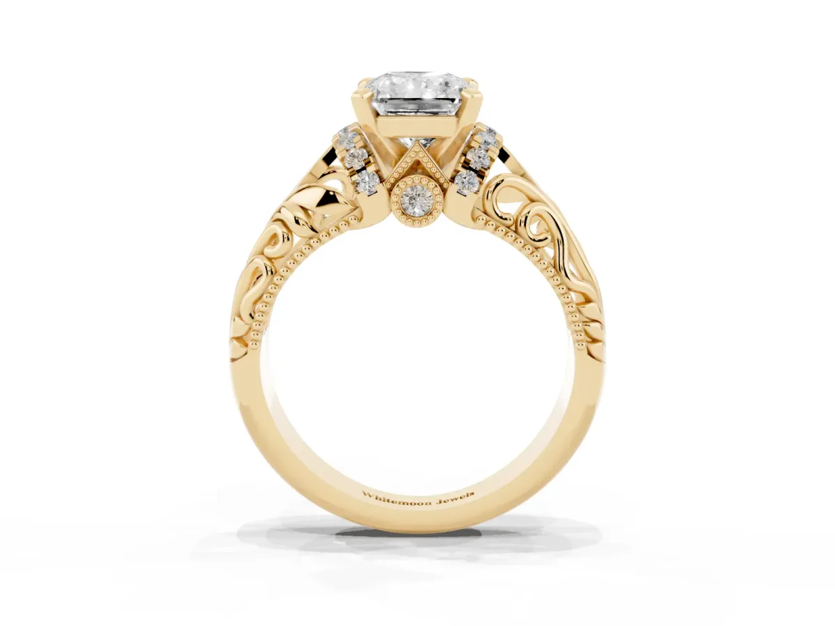 Radiant Cut Solitaire Filigree Engagement Ring with Halo and Prong Setting Yellow gold