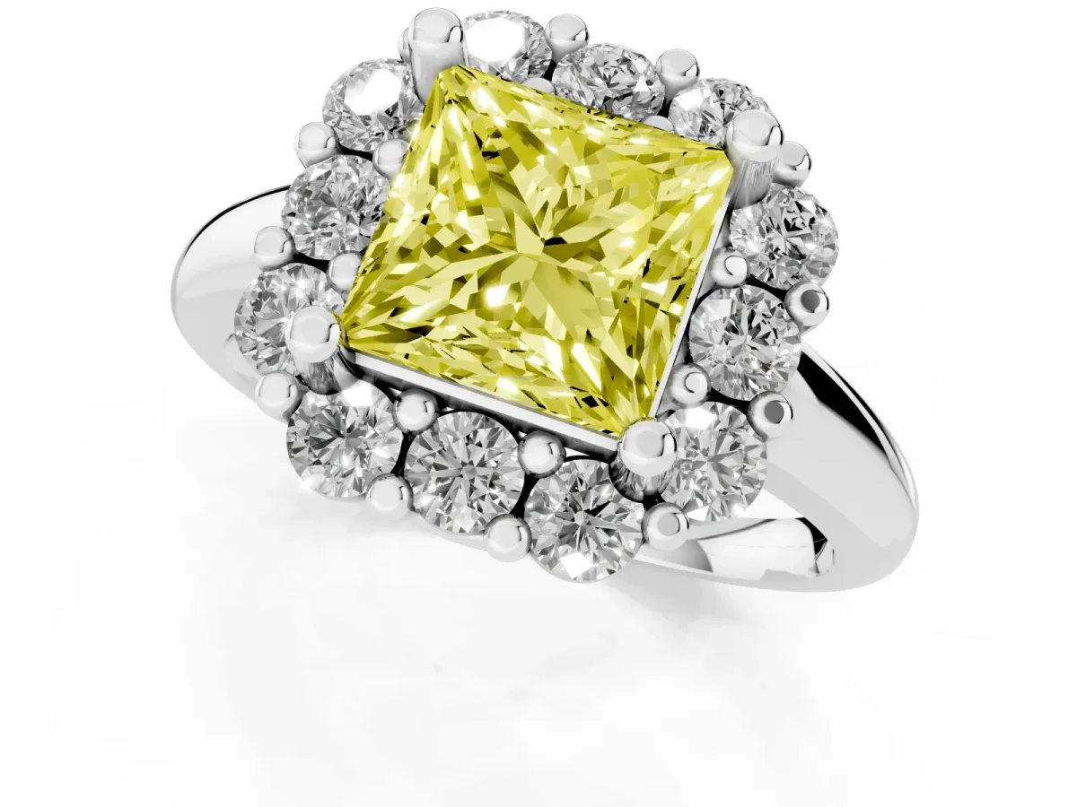 Fancy Yellow Princess Cut Halo Cluster Diamond Engagement Ring with Prong Setting and Polished Band Platinum