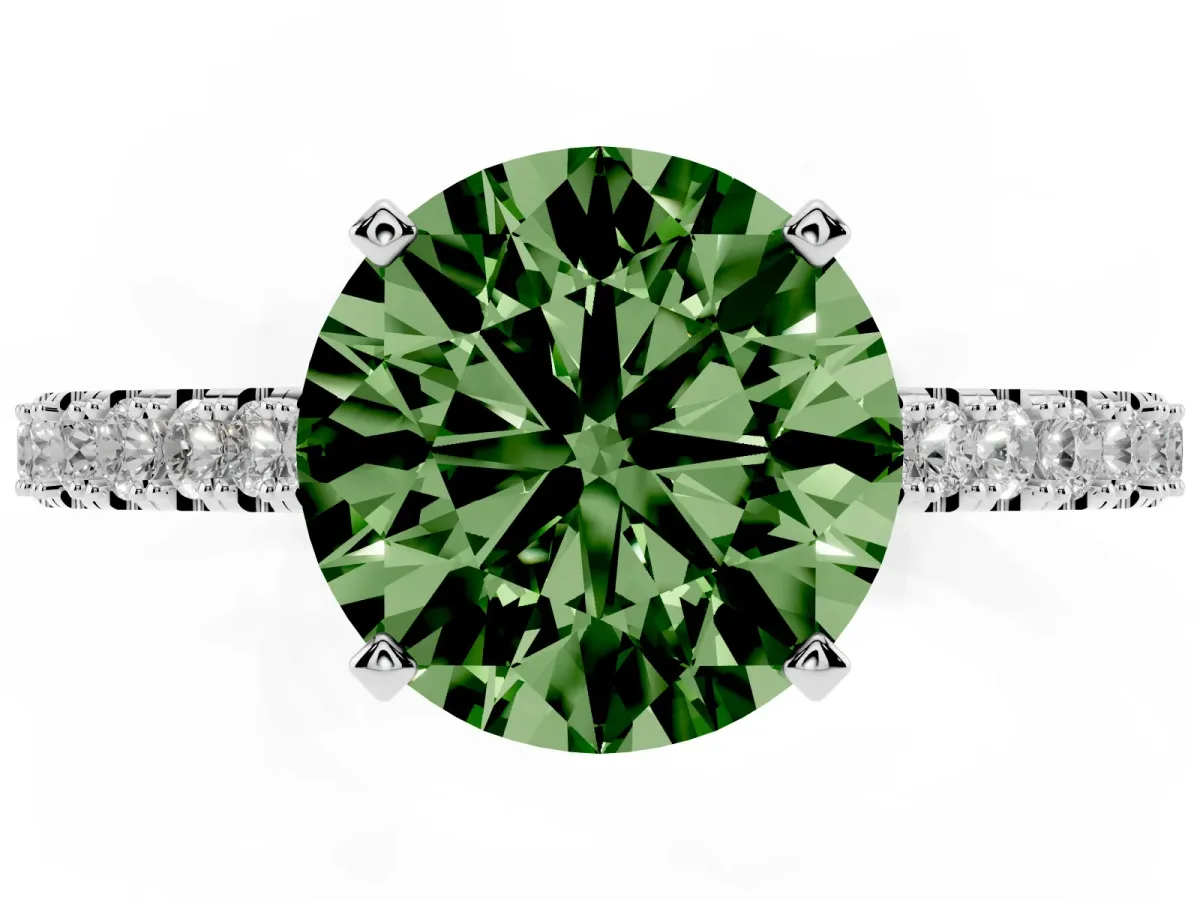 Fancy Green Round Cut Cut Solitaire Diamond Engagement Ring with Pave Band and Four-Prong Setting Silver