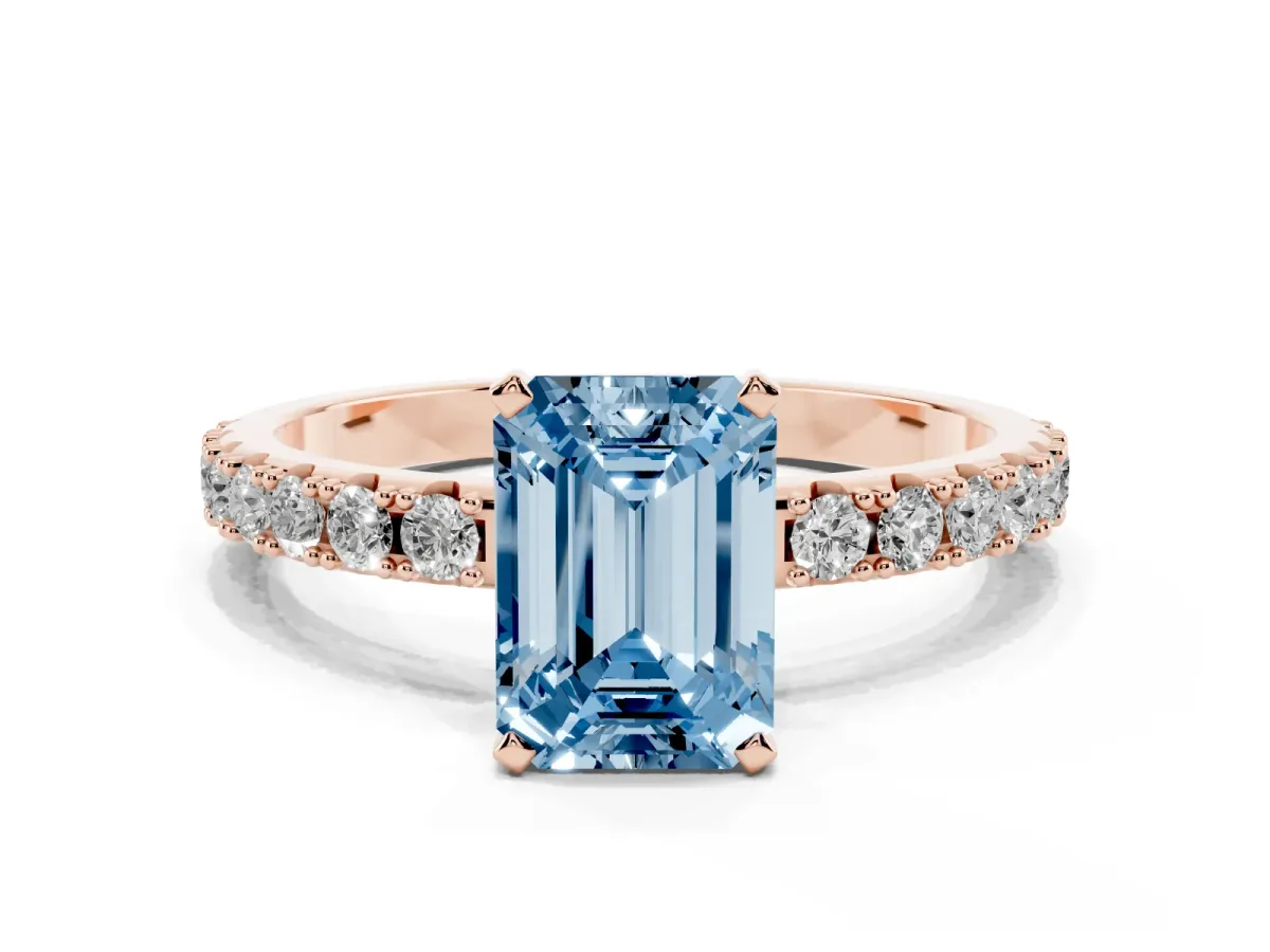 Fancy Blue Emerald Cut Diamond Solitaire Pavé Band with Four-Prong Setting Rose gold