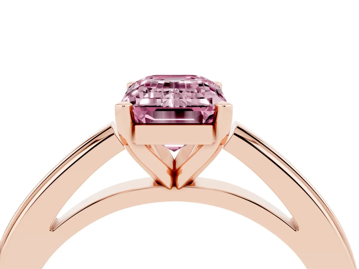 Fancy Pink Emerald Cut Solitaire Diamond Ring with Four-Prong Setting and Classic Band Rose gold