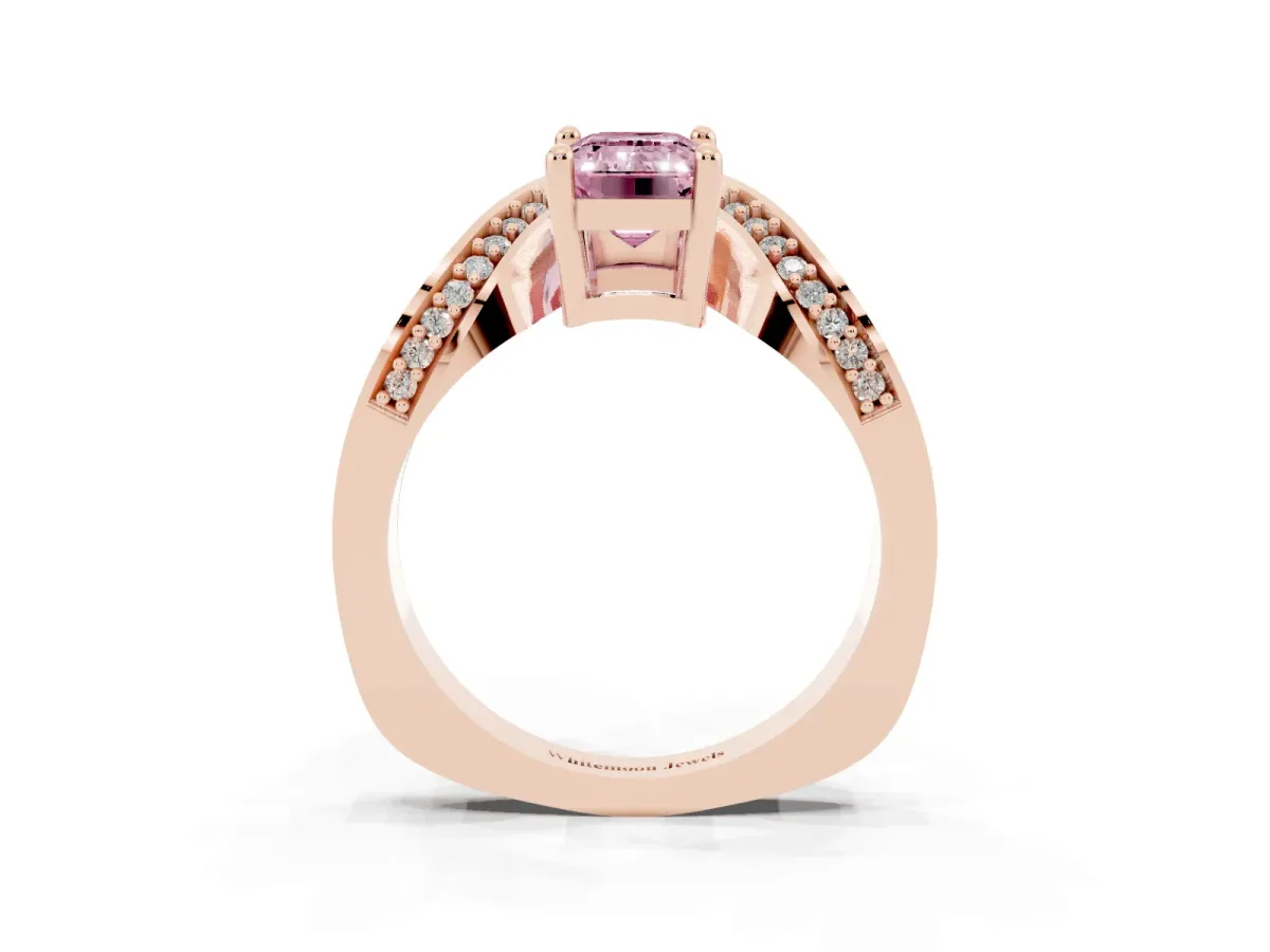 Fancy Pink Emerald Cut Solitaire Diamond Engagement Ring with Pave Band and Four-Prong Setting Rose gold