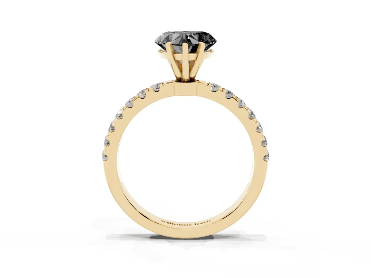Fancy Black Heart Cut Diamond Solitaire Ring with Pavé Accents and Four-Prong Setting Yellow gold