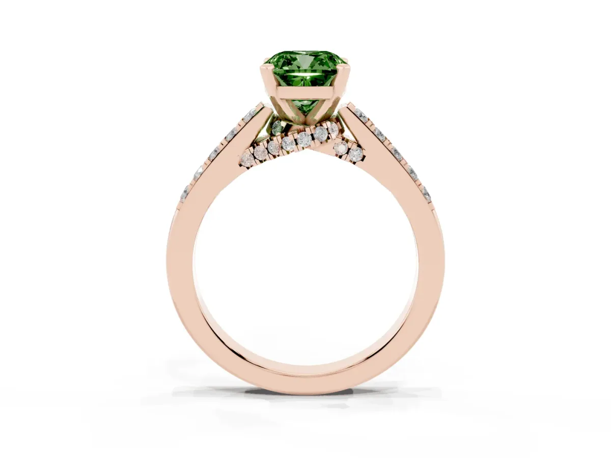 Fancy Green Cushion Cut Diamond Solitaire Ring with Crossover Gallery and Round Pavé Band Rose gold