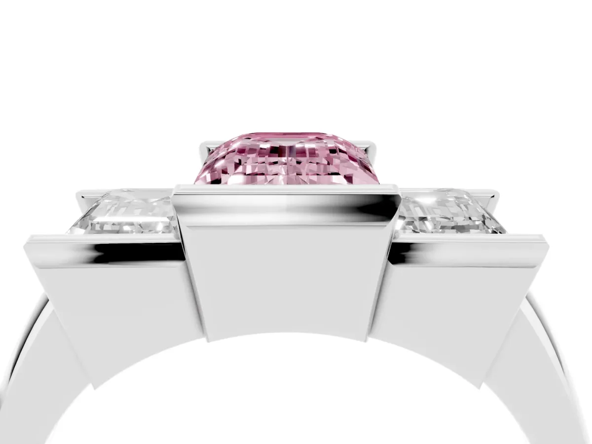 Fancy Pink Three Stone Emerald Cut Cut Channel Set Diamond Ring Platinum