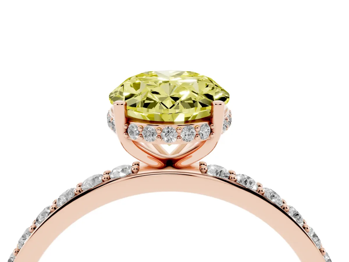 Fancy Yellow Oval Cut Diamond Solitaire Ring with Pavé Band and Hidden Halo Rose gold
