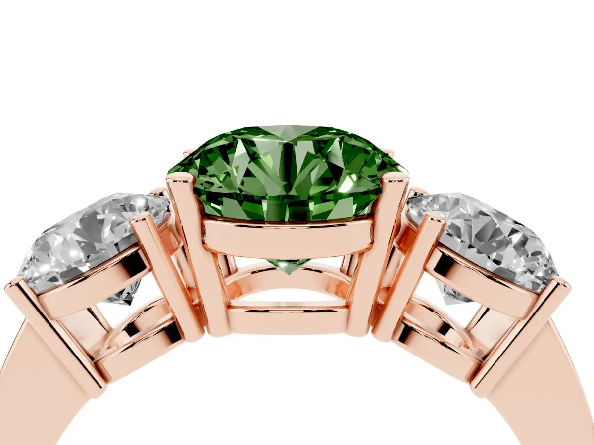 Fancy Green Three-Stone Round Cut Cut Diamond Engagement Ring with Flat Band and Four-Prong Setting Rose gold