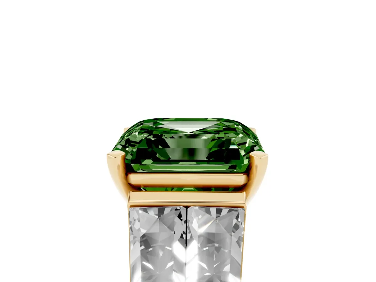 Fancy Green Asscher Cut Diamond Engagement Ring with Baguette Side Stones and Channel Set Band Yellow gold
