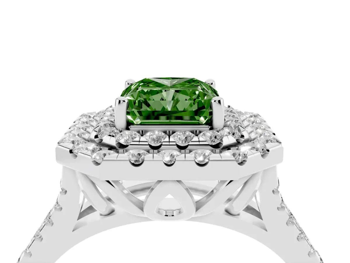 Fancy Green Double Halo Radiant Cut Diamond Pavé Split Shank Ring with Prong Setting Silver