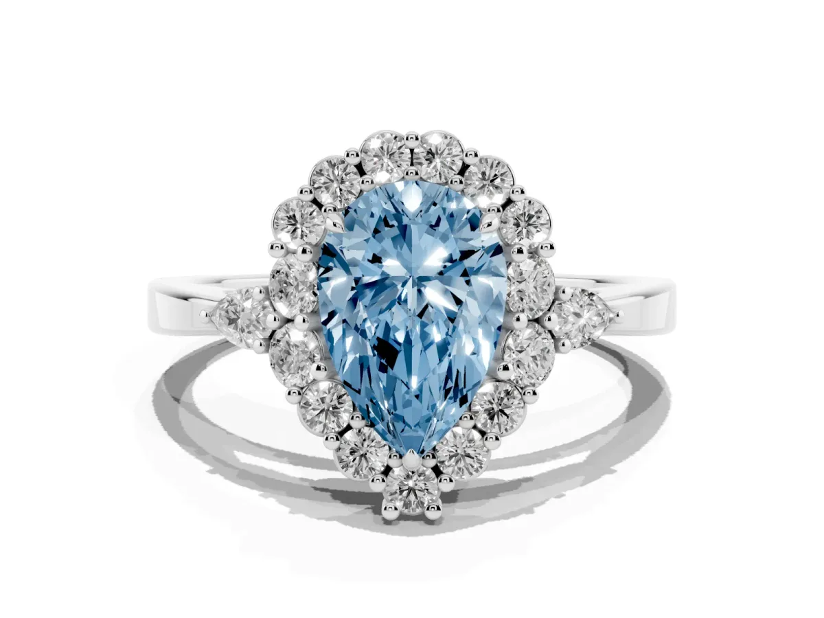 Fancy Blue Pear Cut Diamond Halo Ring with Pear Side Stones and Prong Setting Silver