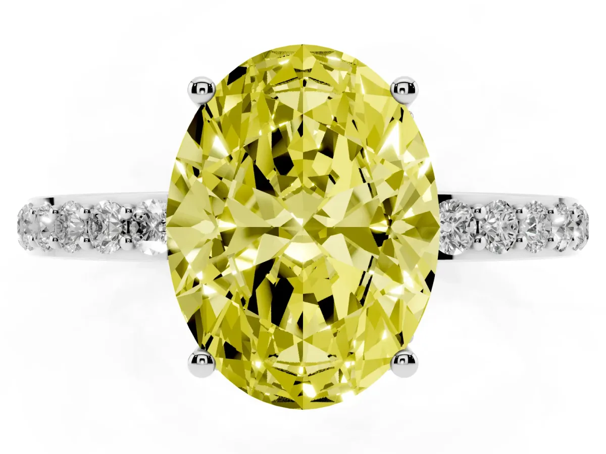 Fancy Yellow Oval Cut Diamond Solitaire Ring with Pavé Band and Hidden Halo Silver