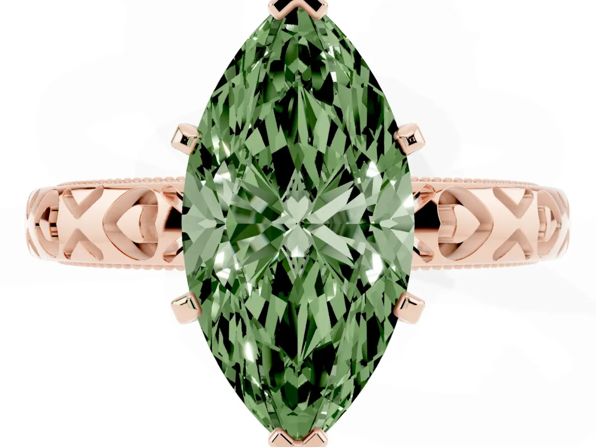 Fancy Green Marquise Cut Solitaire Diamond Engagement Ring with XO Engraved Band and Four-Prong Setting Rose gold
