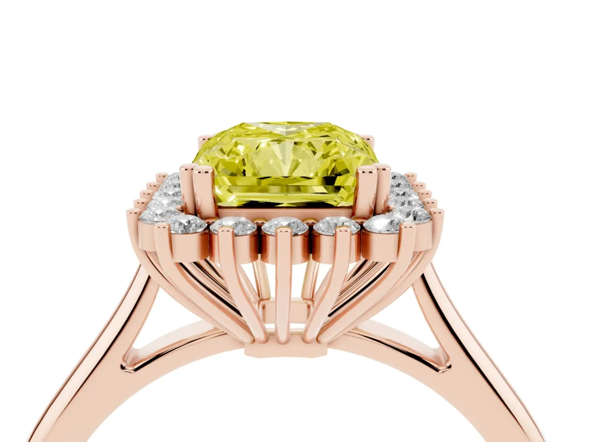 Fancy Yellow Radiant Cut Cut Diamond Halo Ring with Solitaire Band and Prong Setting Rose gold