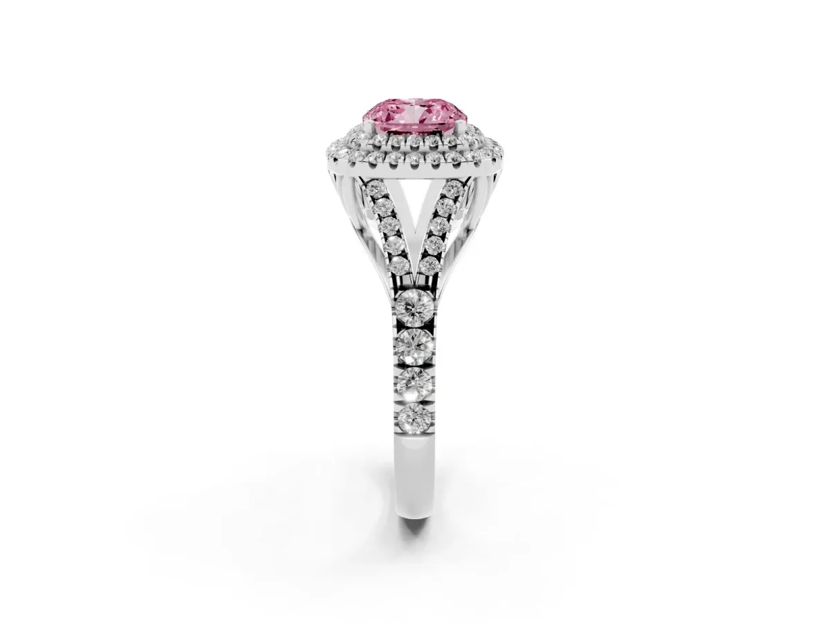 Fancy Pink Cushion Cut Diamond Pavé Split Shank Double Halo Engagement Ring Silver