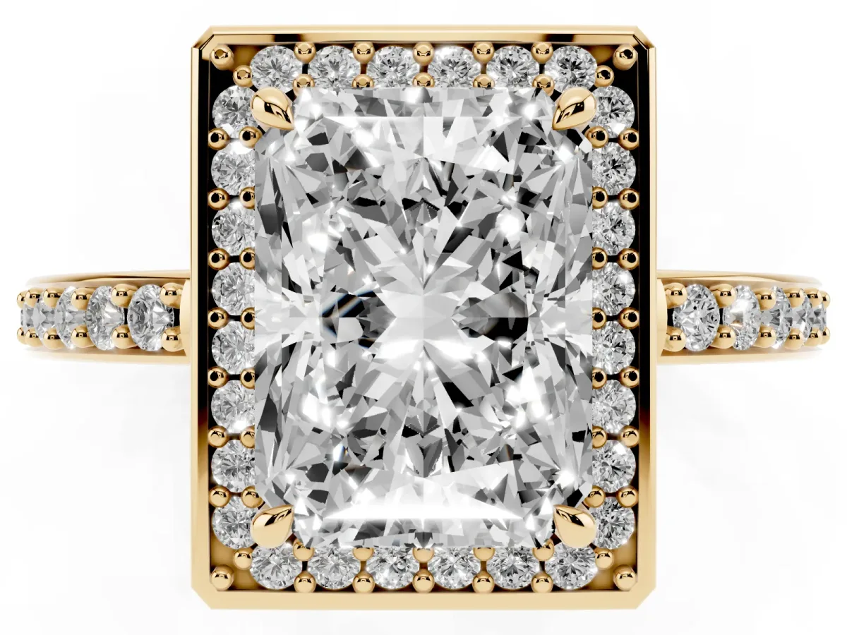 Radiant Cut Halo Pave Band Solitaire Ring with Prong Setting Yellow gold
