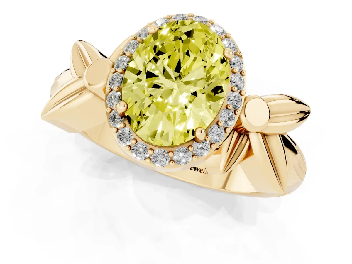 Fancy Yellow Oval Cut Halo Diamond Floral Band with Four-Prong Setting Yellow gold