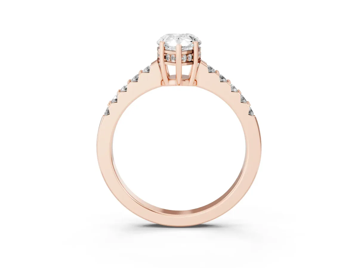 Pear Cut Solitaire Diamond Engagement Ring with Pavé Band and Six-Prong Setting Rose gold