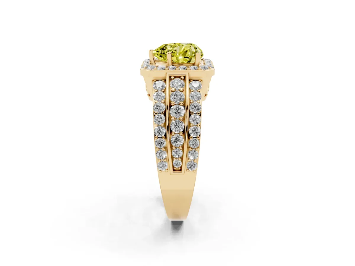 Fancy Yellow Heart Cut Halo Diamond Ring with Round Split Shank and Prong Setting Yellow gold