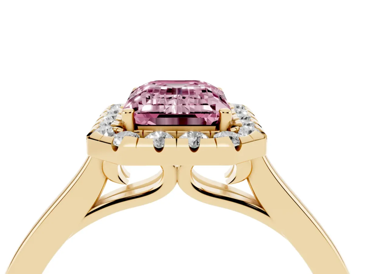 Fancy Pink Emerald Cut Halo Round Diamond Solitaire Ring with Pavé Band and Four-Prong Setting Yellow gold