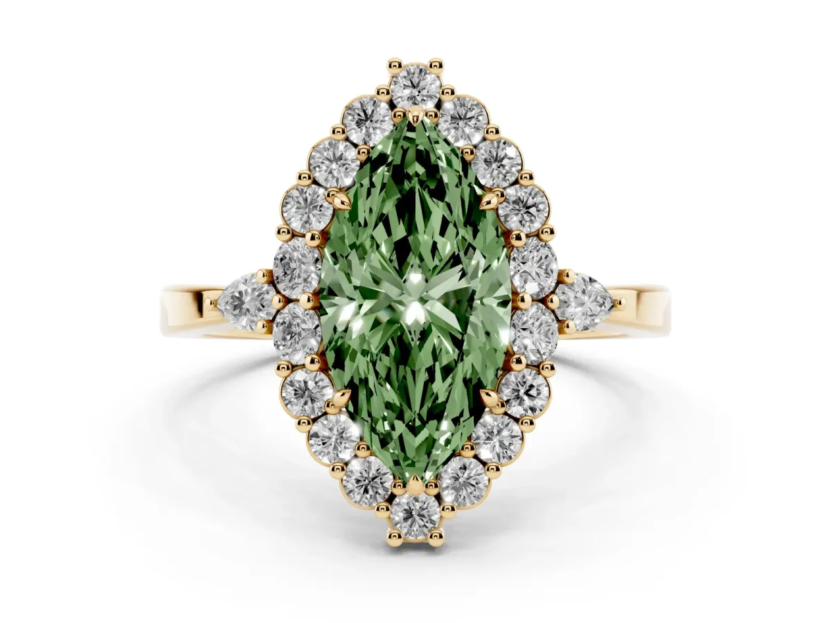 Fancy Green Marquise Cut Diamond Halo Ring with Pear Side Stones and Prong Setting Yellow gold