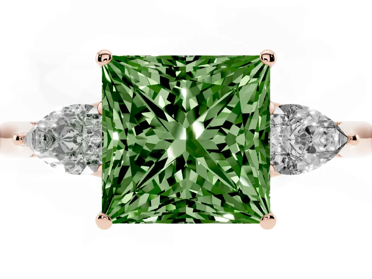 Fancy Green Princess Cut Diamond Three-Stone Ring with Pear Side Stones and Prong Setting Rose gold