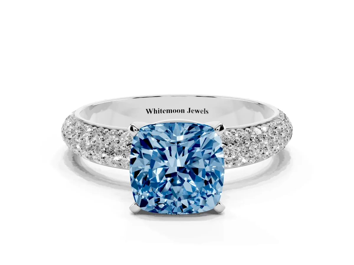 Fancy Blue Cushion Cut Diamond Solitaire Ring with Prong Setting and Pavé Band Silver