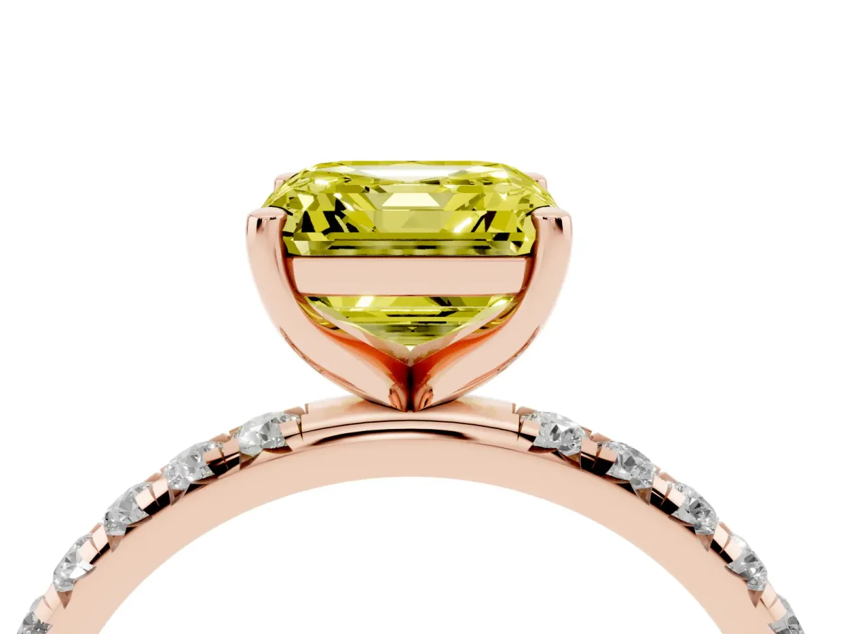 Fancy Yellow Asscher Cut Cut Diamond Solitaire Ring with Micro Pave Band and Four Prong Setting Rose gold