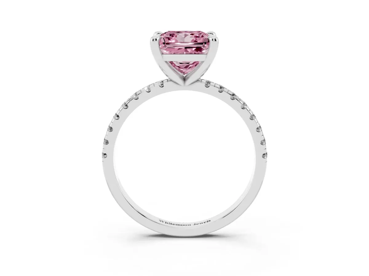 Fancy Pink Princess Cut Diamond Brilliant Solitaire Ring with Pavé Band and Four-Prong Setting Platinum