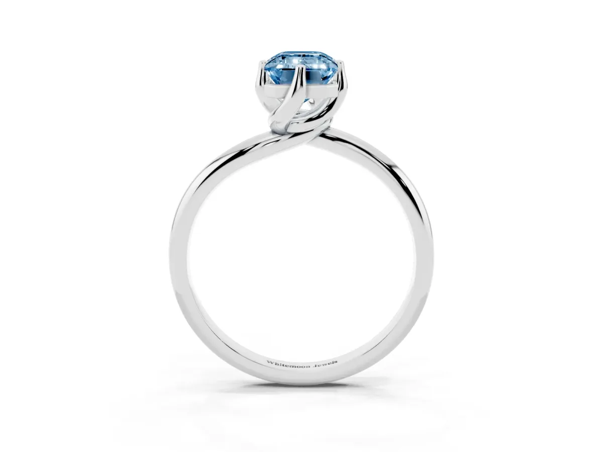 Fancy Blue Emerald Cut Diamond Solitaire Engagement Ring with Four-Prong Setting and Classic Band Silver