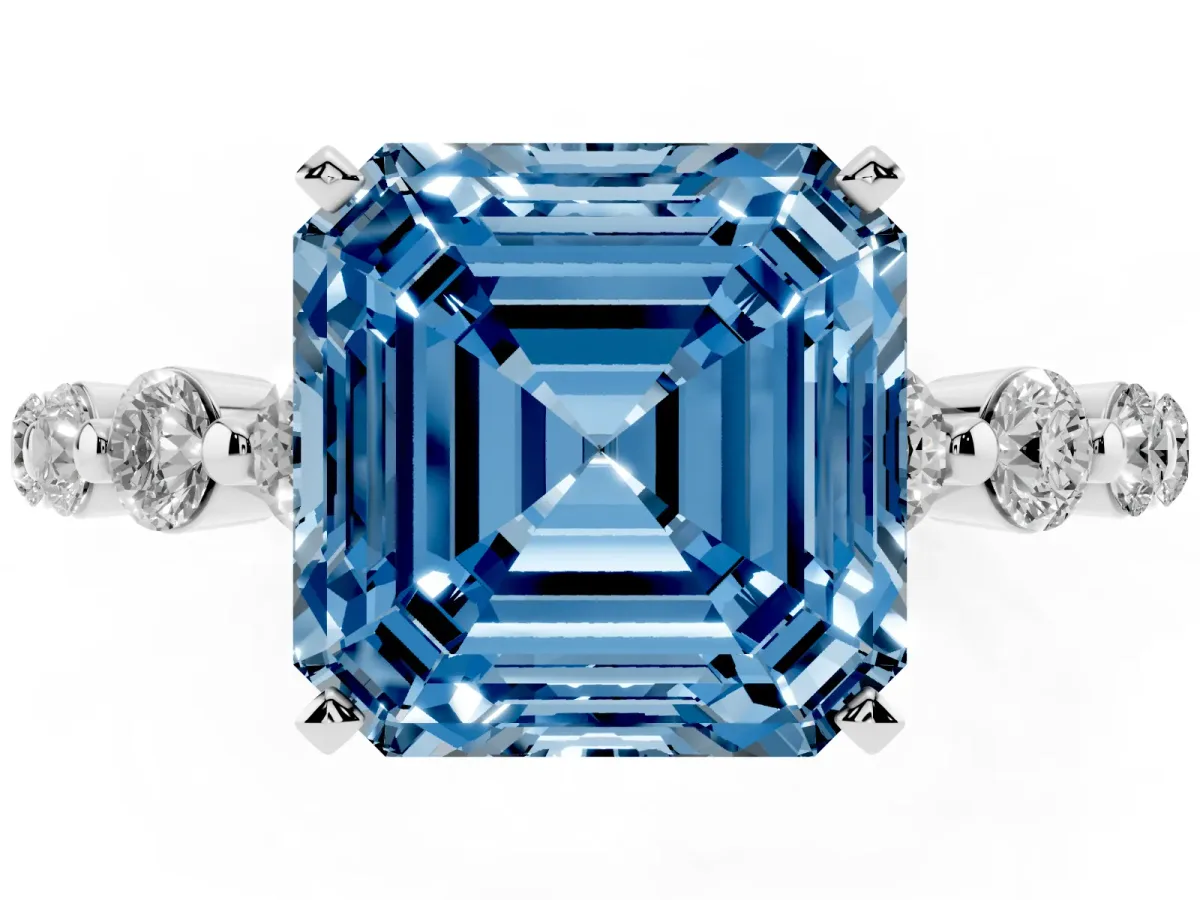 Fancy Blue Asscher Cut Solitaire Diamond Ring with Pave Band and Four-Prong Setting Silver