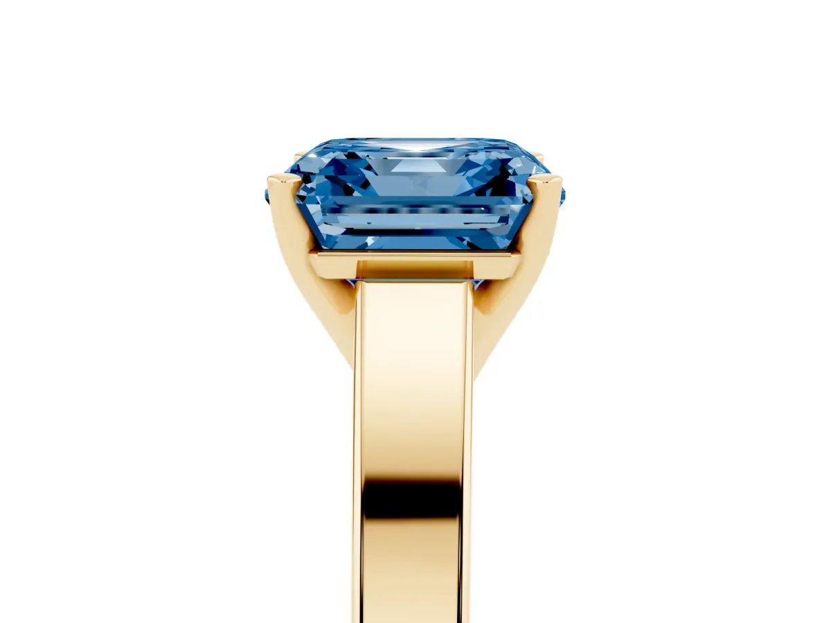 Fancy Blue Asscher Cut Solitaire Engagement Ring with Four-Prong Setting and Tapered Band Yellow gold