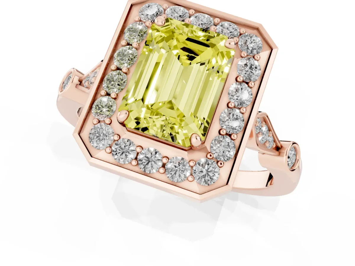 Fancy Yellow Emerald Cut Halo Diamond Engagement Ring with Twisted Band and Four-Prong Setting Rose gold