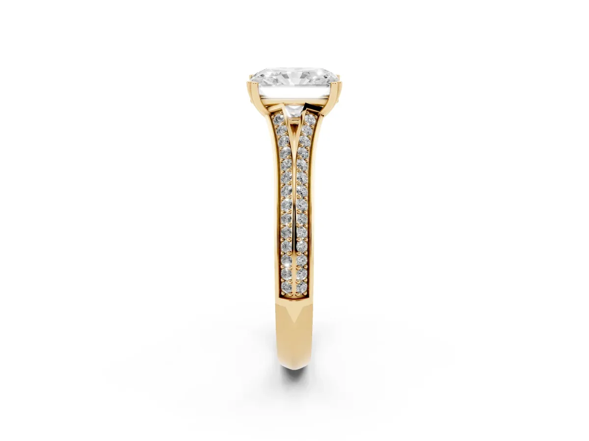 Radiant Cut Diamond Split Shank Engagement Ring with Pavé Band Yellow gold
