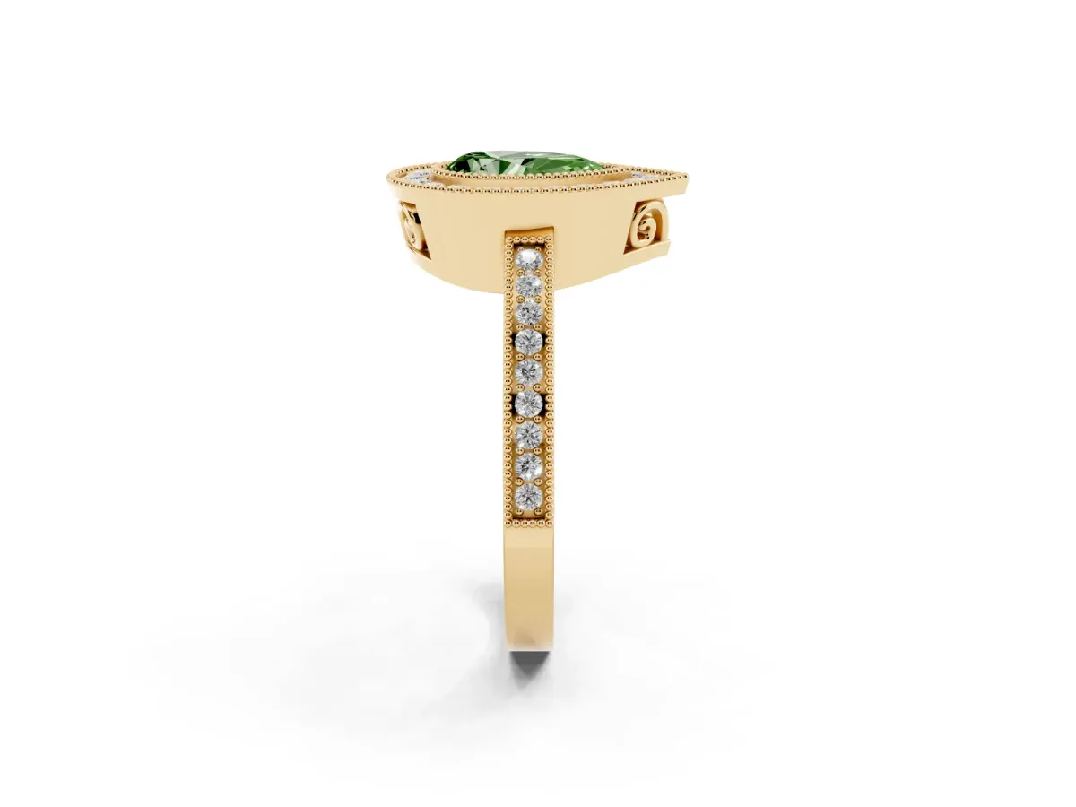 Fancy Green Pear Cut Cut Halo Diamond Ring with Pavé Band and Milgrain Prong Setting Yellow gold