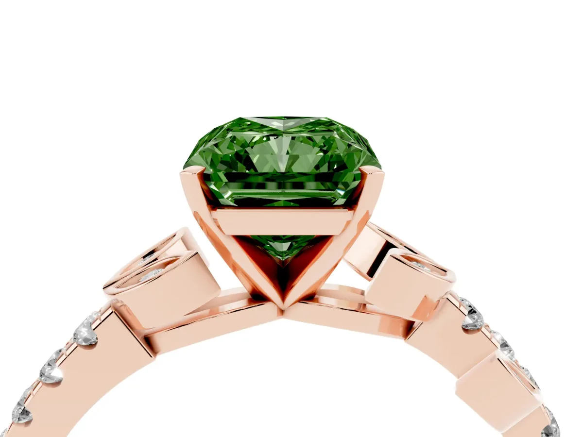 Fancy Green Radiant Cut Solitaire Leaf-Inspired Diamond Ring with Pavé Band and Four-Prong Setting Rose gold
