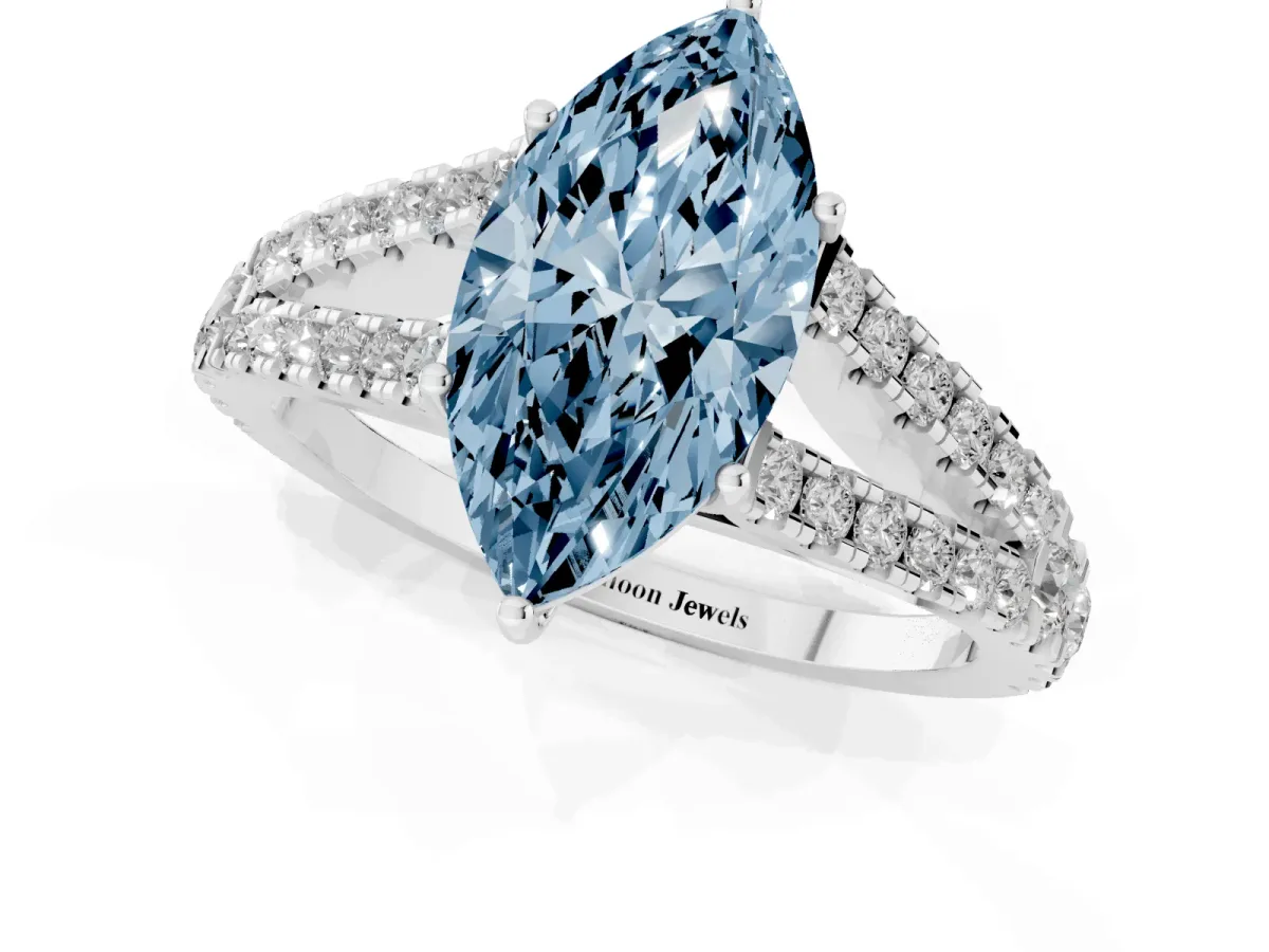 Fancy Blue Marquise Cut Diamond Split Shank Pavé Engagement Ring with Four-Prong Setting Platinum