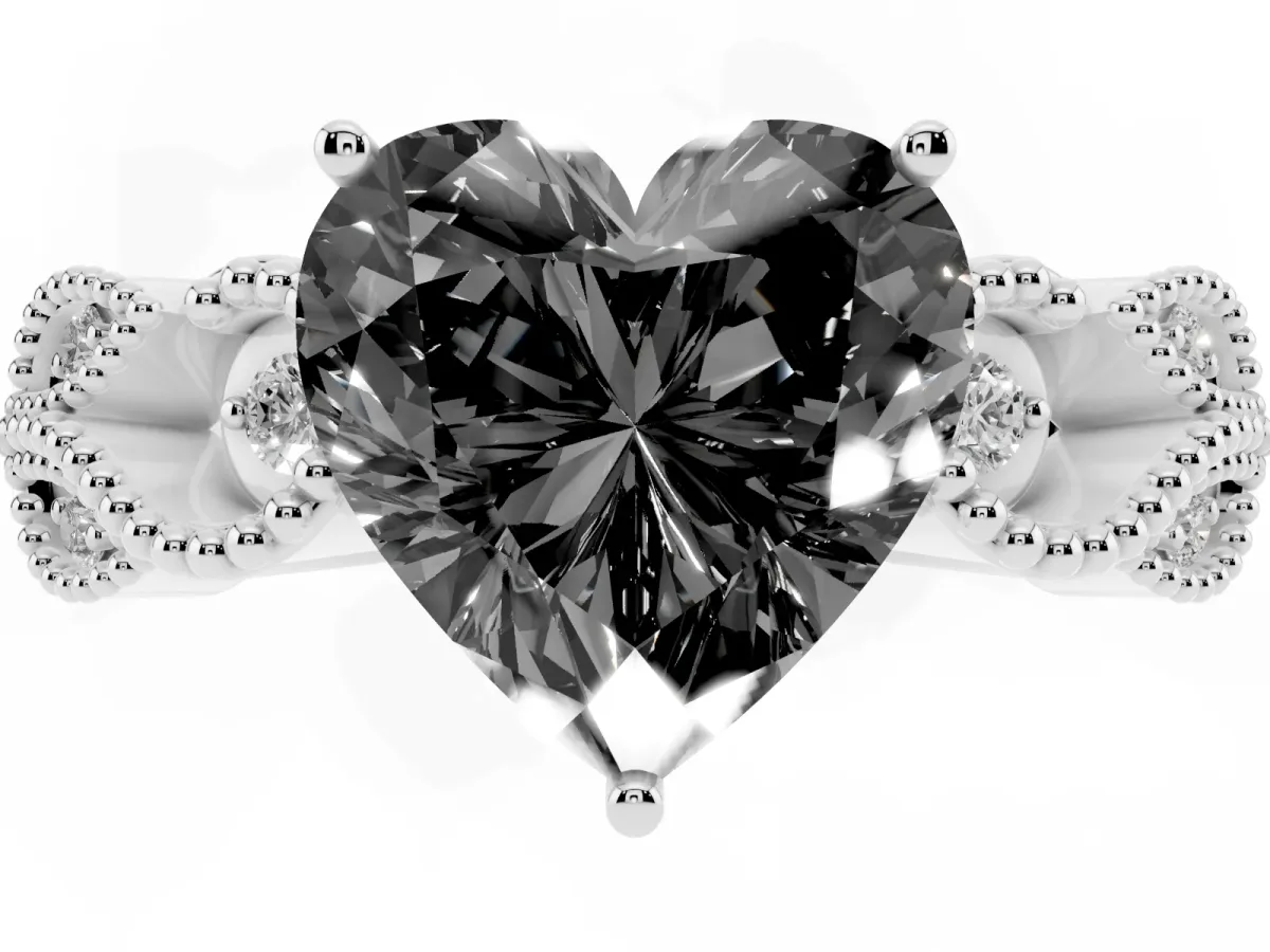 Fancy Black Heart Cut Solitaire Milgrain Leaf Band with Prong Setting Silver