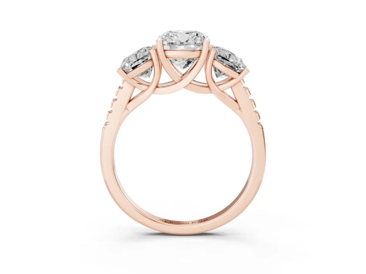 Three-Stone Cushion Cut Diamond Ring with Round Pavé Band and Prong Setting Rose gold